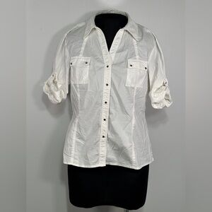 White Button-Front Roll-Sleeve Women's Shirt